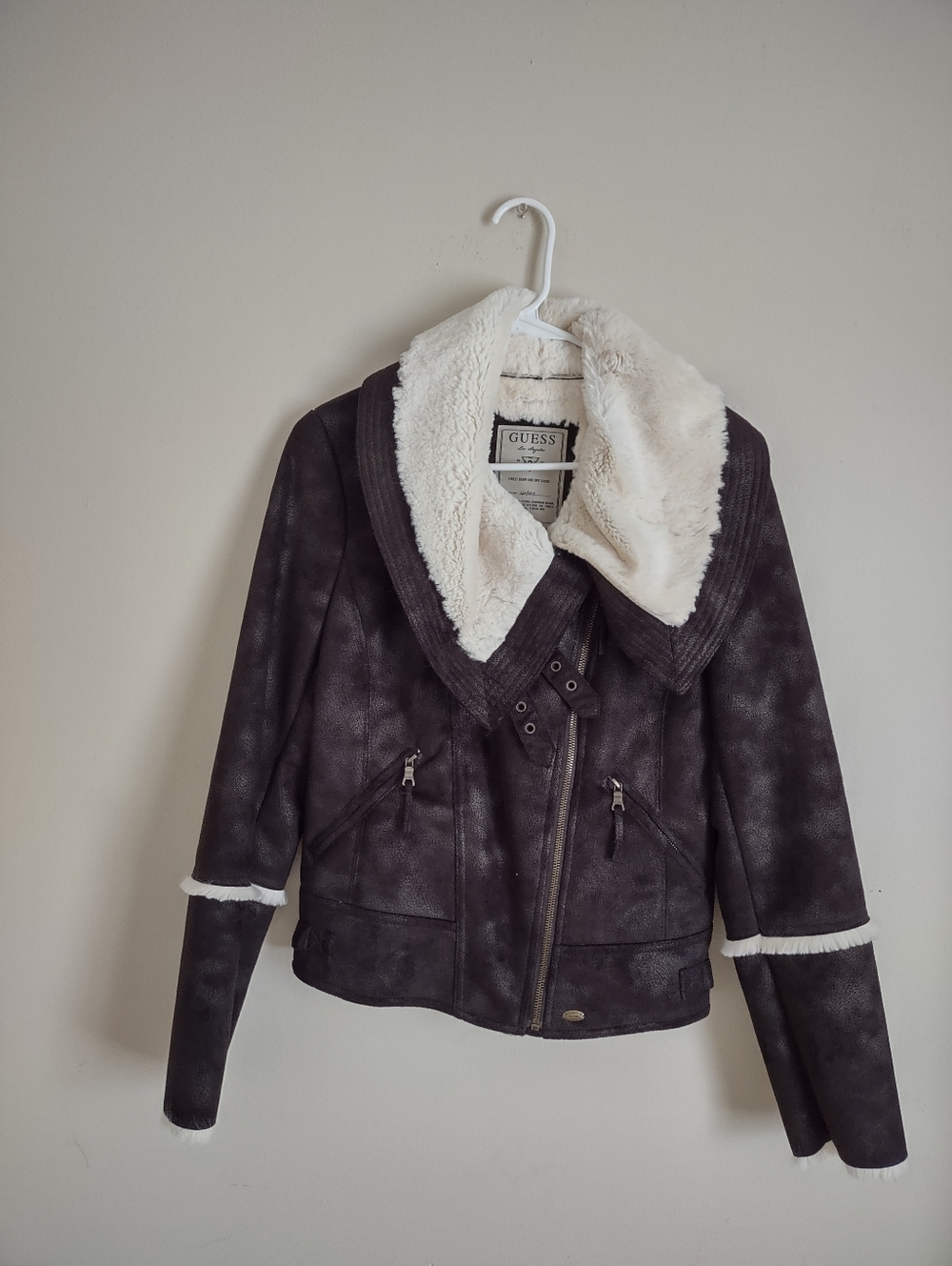 GUESS Faux Shearling Moto Jacket Brown Cream Size Small Y2K